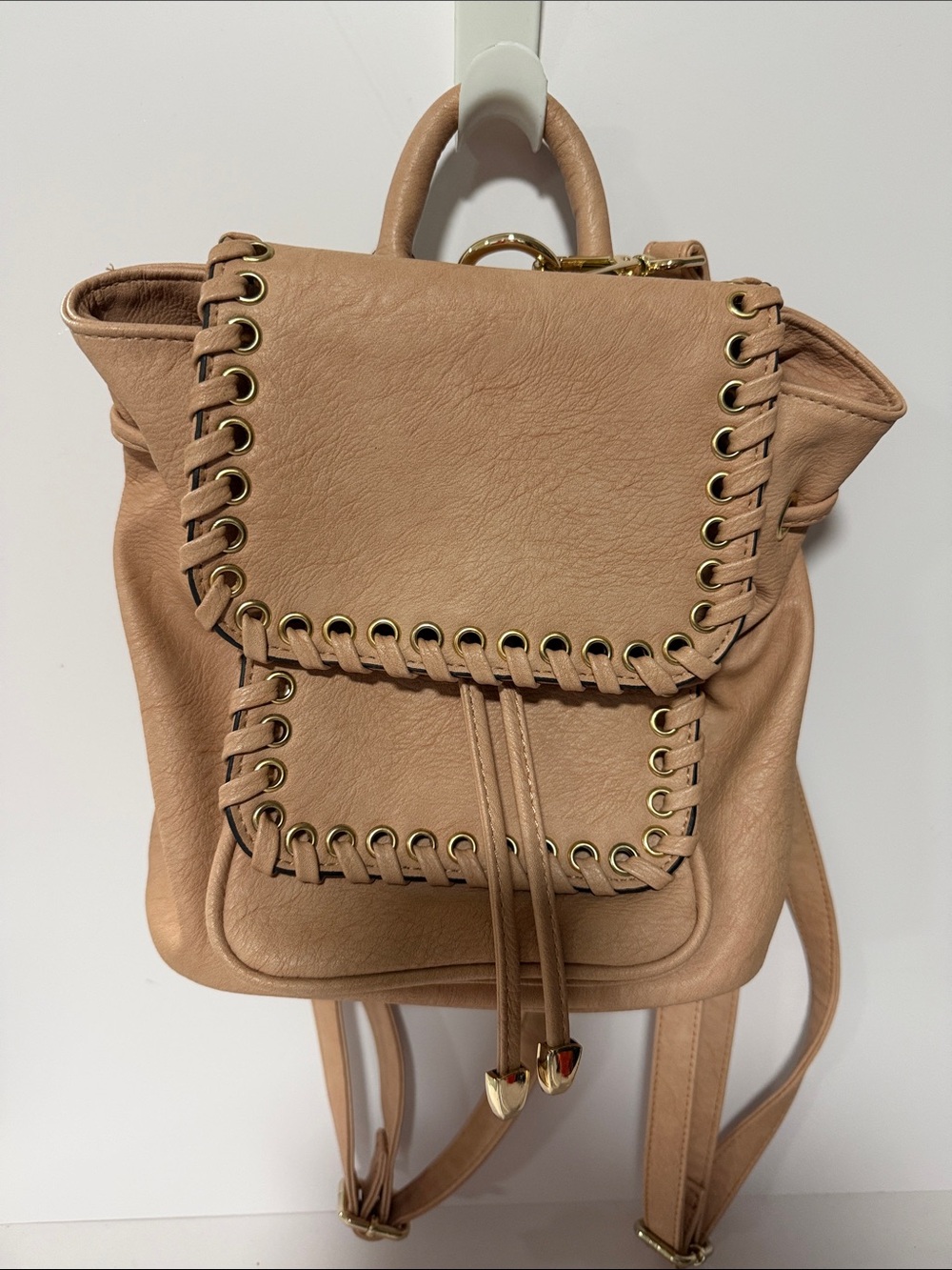 Chinese Laundry Blush Tan Drawstring Flap Backpack with Braided Eyelets